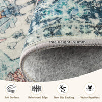 Machine Washable Low Pile Area Rug 120 x 180cm Vintage Print Anti-Slip Indoor Blue/Teal/Navy/Red