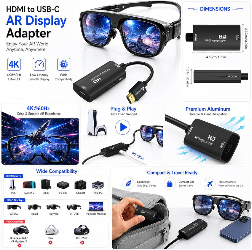 AR Glasses HDMI to USB-C Display Adapter 4.9ft 4K@60Hz Play and Charge
