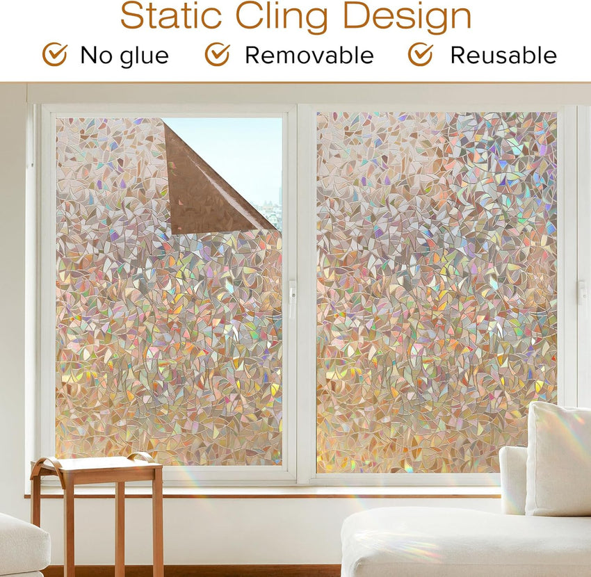 rabbitgoo Rainbow Window Film Privacy Film for Glass Windows, Decorative Stickers for Glass Privacy, Static Cling Self-Adhesive Vinyl Rainbow Stickers Gray Silver 90x300cm