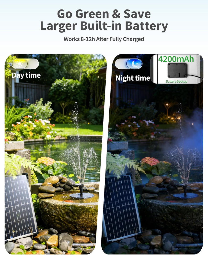 Solar Fountain Pump 12W 4200mAh Battery 600L/h Adjustable Flow â 1.5m Tubing