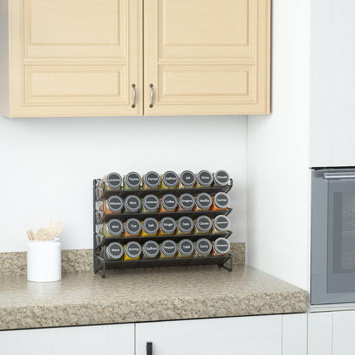 SpaceAid 4 Tier Spice Rack Organizer with 28 Spice Jars, 386 Spice Labels, Chalk Marker and Funnel Set for Cabinet, Countertop, Pantry, Cupboard or Door & Wall Mount