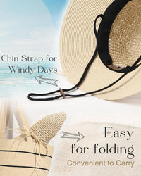 Womens Straw Sun Hat Wide Brim Crochet UPF50+ Foldable Packable Beige M-L
