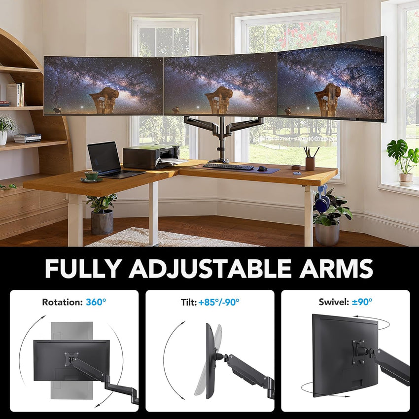 HUANUO Triple Monitor Stand Desk Mount for 17-32 Inch Screens, Adjustable Arms With Tilt, Swivel, 2 Mounting Bases, Each Arm Holds up to 8KG, VESA 75x75 100x100 Gaming