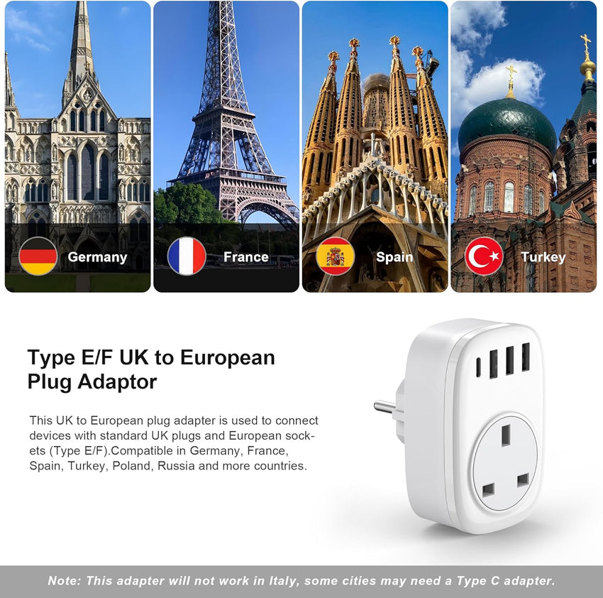 UK to European Plug Adaptor - UK to EU Plug Adapter Euro Europe European Schuko USB C Travel Charger with USBC Type C for France Germany Spain Turkey Greece Poland Iceland Russia (Type E/F) Tusreda