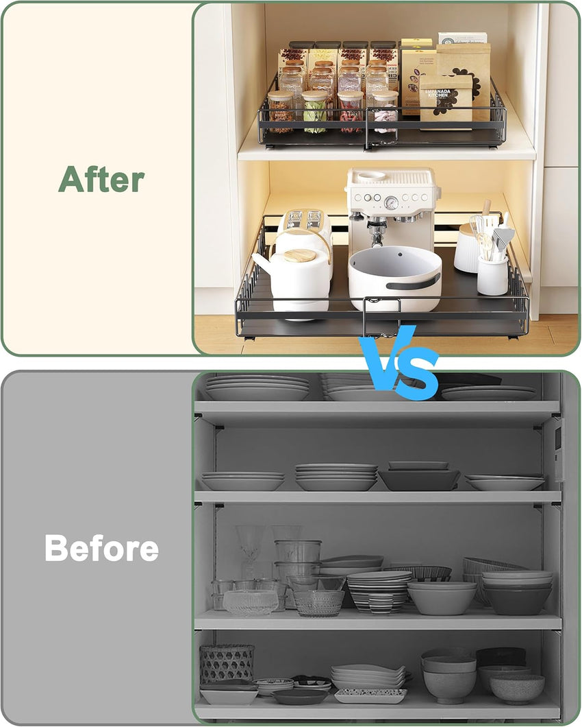 UMDONX 2 Pack Pull out Cabinet Organiser Drawers Kitchen Cupboard Storage, No Punch Extendable Sliding Rack Shelf Adhesive Peel and Stick (Metal, Black)