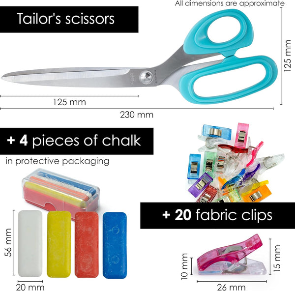 Fabric Scissors Set with 4 Tailors Chalk & 20 Clips â 12.5 cm Stainless Steel