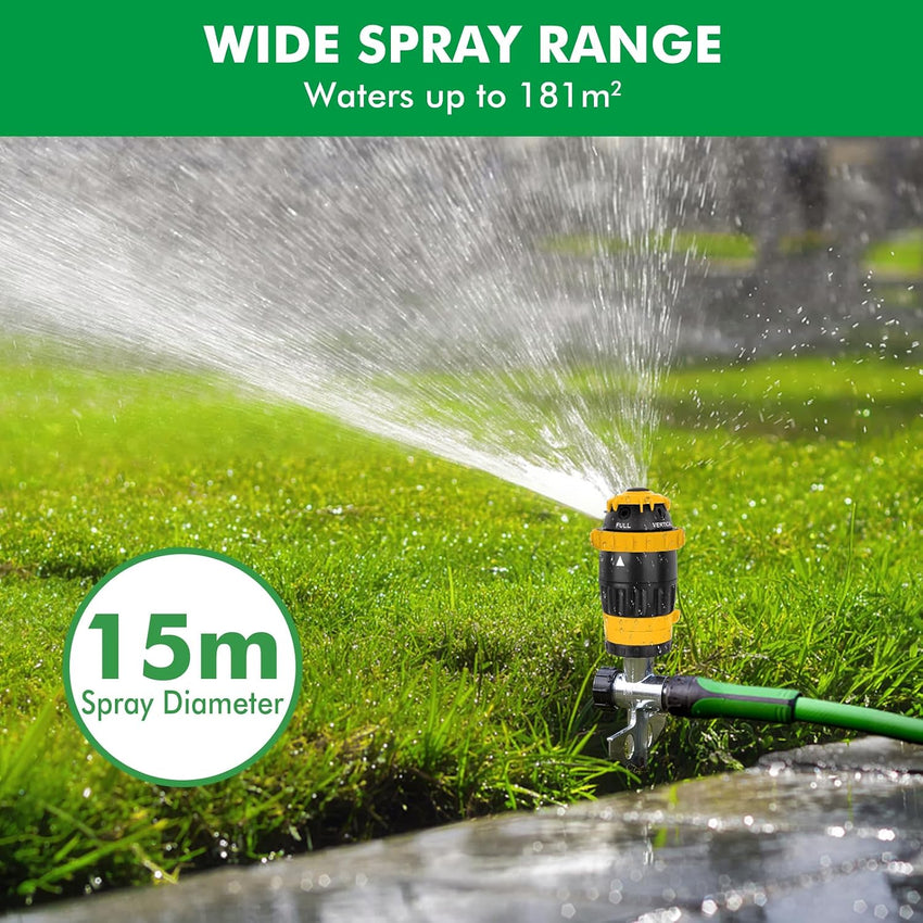 Gear-Driven Lawn Sprinkler 2-Pack Metal Spike Base 5 Patterns 15m Range 180mÂ² - Yellow