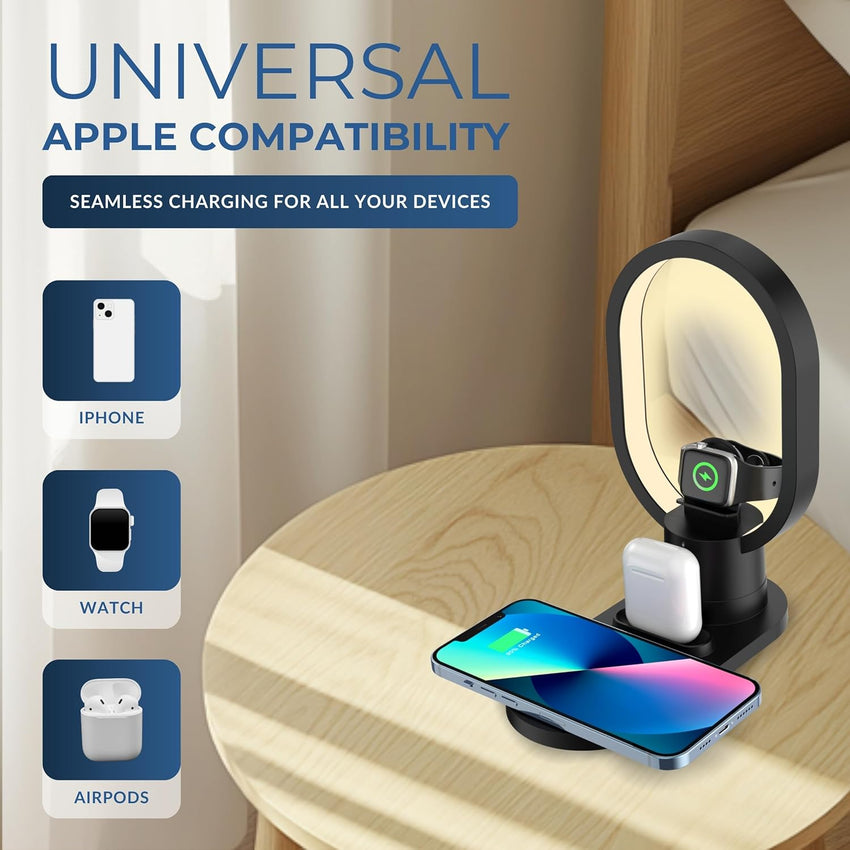 iN 3-in-1 Wireless Charging Station with Night Lamp for Apple Devices | Travel Stand, Fast Charger for iPhone16/15/14/13/12/11 | MagSafe Magnetic Charger for Apple Watch,AirPods,Fast Charge