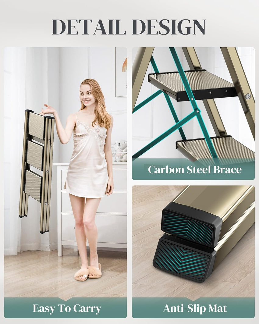 GameGem Folding Step Ladder with Anti-Slip Wide Pedal Ã¢ÂÂ Lightweight Aluminium, Champagne Gold