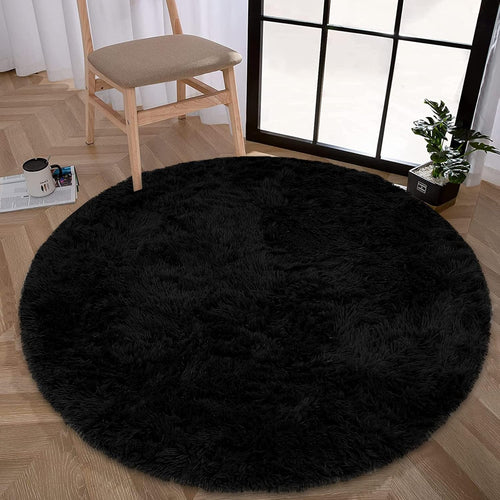 Round Shaggy Area Rug Fluffy High Pile Plush Washable Velvet 120cm Decorative Floor Mat Ã¢ÂÂ Black