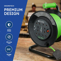 Desiretech - 4 Socket Extension Lead - 25m Portable Cable Reel - Thermal Cut Out, Ergonomic Handle, Green/Black - Heavy Duty Extension Cord for Indoor Use (25 Metre)