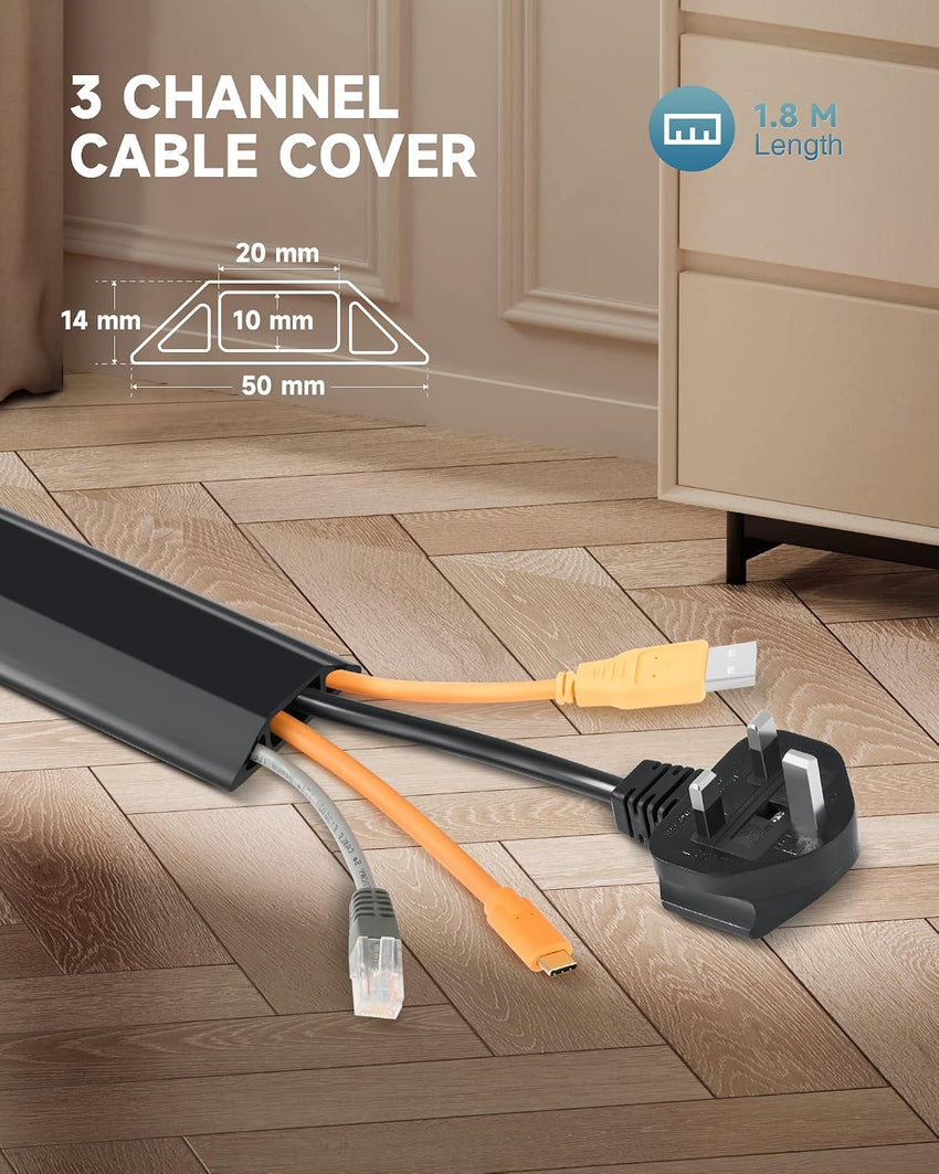 CREWORKS 1.8 m Floor Cord Cover, 3 Channel Cable Cover with Self-Adhesive Baking, Extension Cord Cable Protector, Flexible PVC Duct Wire Cable Management for Homes Offices Garages, Black