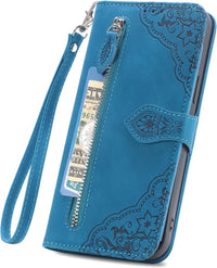 NEXCURIO Zip Wallet Case Compatible with Samsung Galaxy S23 Ultra 5G Phone Case Wallet with Credit Card Holder Strap Stand Women Leather Flip Case Floral Folding Cover Shockproof - Blue