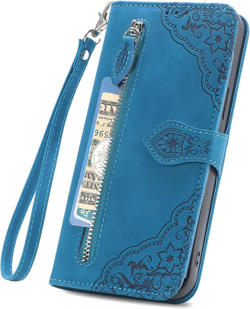 NEXCURIO Zip Wallet Case Compatible with Samsung Galaxy S23 Ultra 5G Phone Case Wallet with Credit Card Holder Strap Stand Women Leather Flip Case Floral Folding Cover Shockproof - Blue