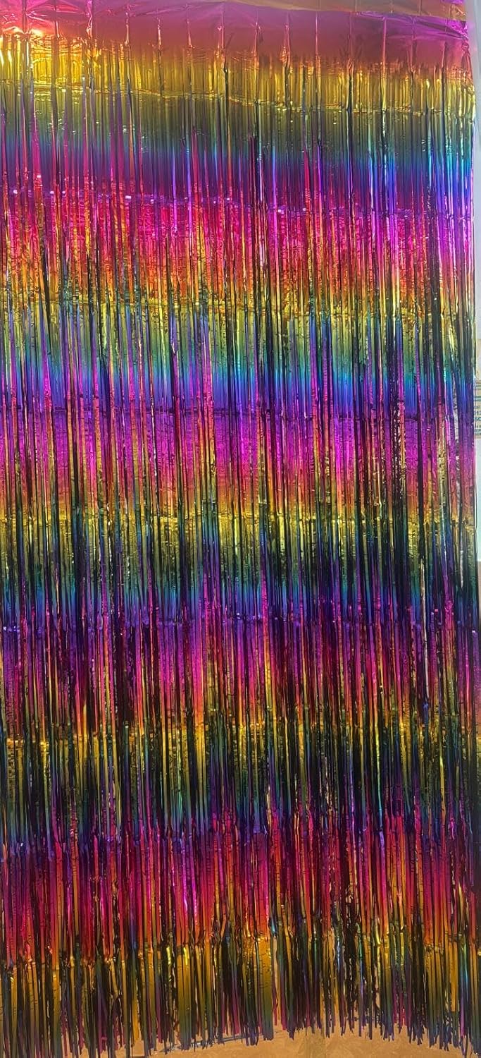 3pcs 2M X 1M Rainbow Multicolour Metallic Tinsel Curtains Aluminum Foil Flow Silk Curtain Background Streamer Birthday Party Wedding Holiday Decoration (Rainbow)