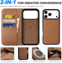 Detachable Wallet Case Genuine Leather for iPhone 17 Pro Max 6.9-inch â Saddle Brown