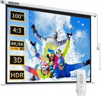 WASJOYE 100"Motorized Projector Screen Electric Diagonal Automatic Projection 16:9 8K HD Movies Screen for Home Theater Cinema Office Video Game Indoor W/Remote Control and Wall/Ceiling Mount