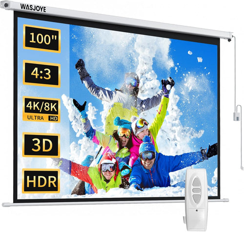 WASJOYE 100"Motorized Projector Screen Electric Diagonal Automatic Projection 16:9 8K HD Movies Screen for Home Theater Cinema Office Video Game Indoor W/Remote Control and Wall/Ceiling Mount