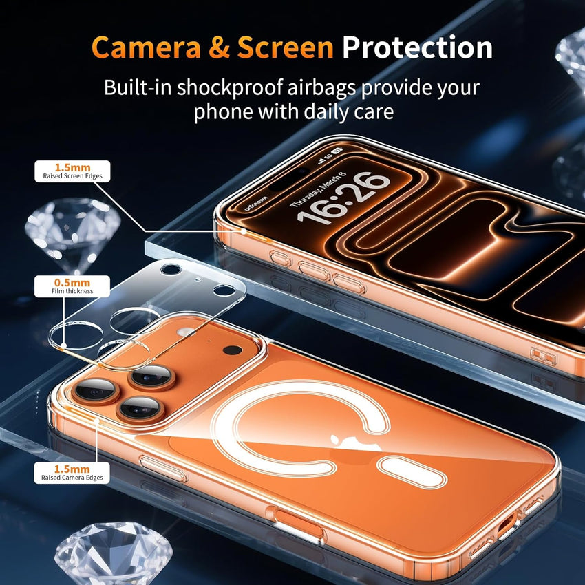 YNMEacc 5 in 1 Magnetic for iPhone 17 Pro Max Case with 2X Screen Protector + 2 Lens Covers, [Compatible with MagSafe] Slim Soft TPU Silicone Shockproof Anti-Scratch Phone Cover - Clear