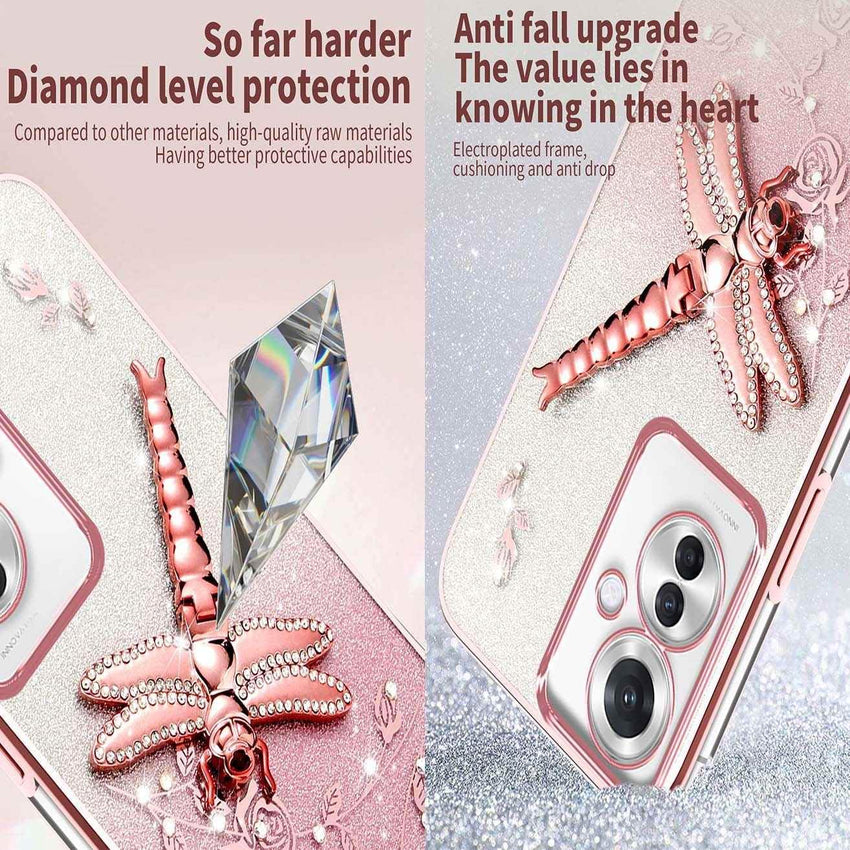 Transparent Glitter Case for Oppo Reno11 F 5G / Reno 11F 5G, Ultra Thin Glitter Bling TPU Shockproof Mobile Phone Case, Shiny Flowers Dragonfly Stand Girl Protective Case Pink