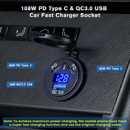 Thlevel USB C Car Charger Socket Waterproof Fast Charge Power Outlet 45W PD & 18W QC3.0 with LED Digital Voltmeter and Switch for 12V 24V Marine Boat Motorcycle Truck