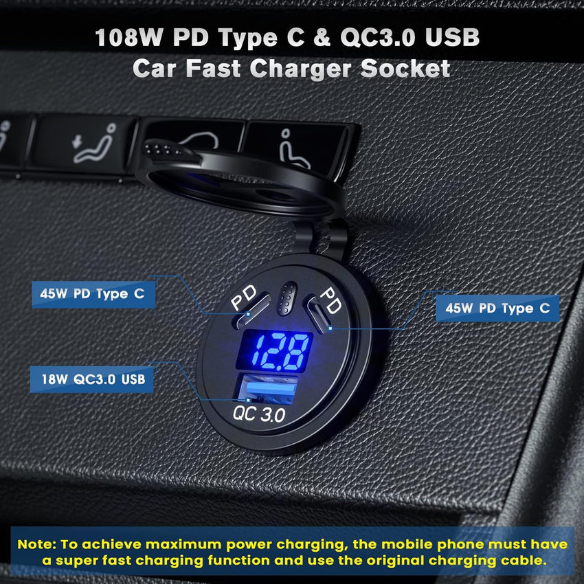 Thlevel USB C Car Charger Socket Waterproof Fast Charge Power Outlet 45W PD & 18W QC3.0 with LED Digital Voltmeter and Switch for 12V 24V Marine Boat Motorcycle Truck