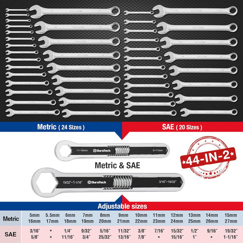 DURATECH Universal Combination Wrench Set, Adjustable Spanner Set, 2-Piece Multifunctional Wrench Set, Total Box-end Ring Spanner Set, 44-in-2, Metric & SAE, 5mm to 27mm & 3/16" to 1-1/16"