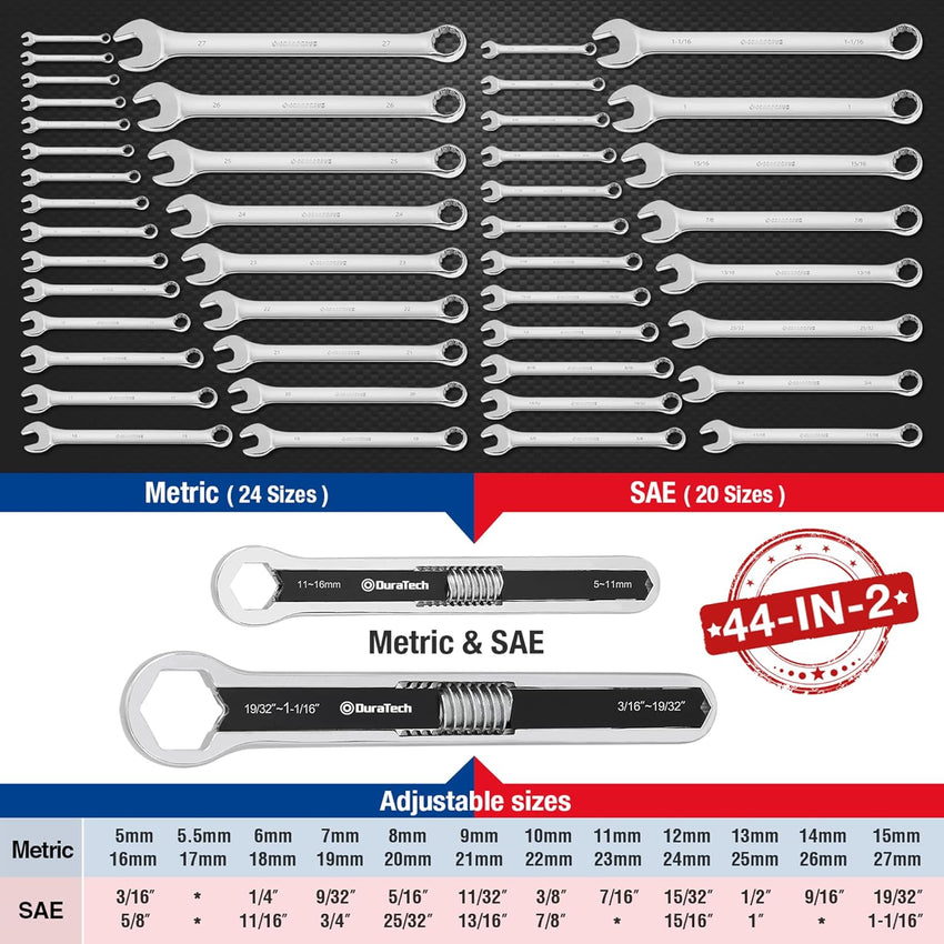 DURATECH Universal Combination Wrench Set, Adjustable Spanner Set, 2-Piece Multifunctional Wrench Set, Total Box-end Ring Spanner Set, 44-in-2, Metric & SAE, 5mm to 27mm & 3/16" to 1-1/16"