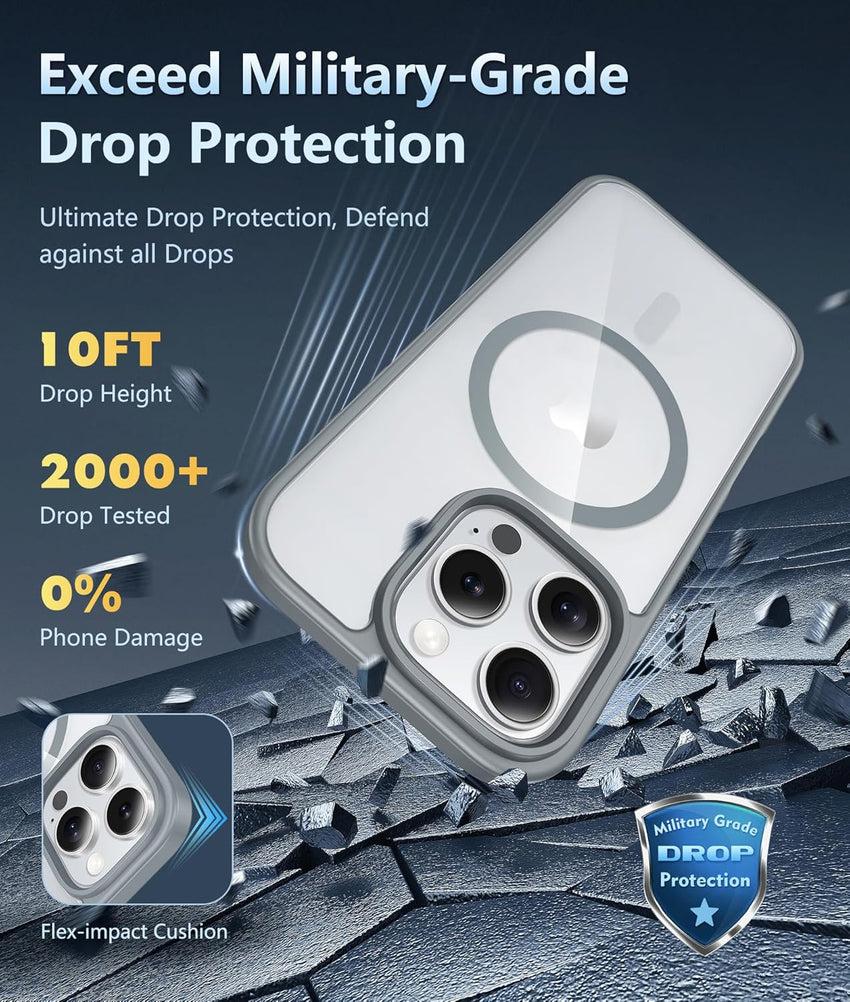 FNTCASE for iPhone 16 Pro Case: iPhone 16 Pro Phone Clear Case Magnetic Military Grade Drop Protection Anti Yellowing Cell Phone Cover - Rugged Shockproof Protective Bumper Transparent Cases - Gray