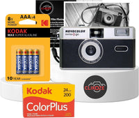 35mm Film Camera Bundle Includes Black Swiss+Go Novocolor Analogue Film Camera with Kodak ColorPlus 24 EXP Film, Kodak Max Super Alkaline AAA Batteries and Clikoze Film Photography Tips Card