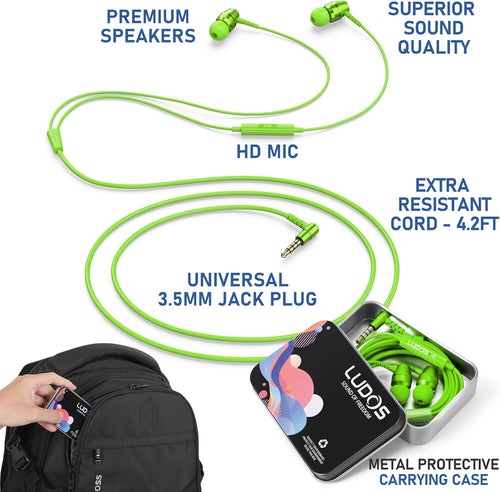 Ludos OMNITONE Wired Earbuds in-Ear Headphones, Earphones with Microphone, 5 Years Warranty, Noise Isolation Corded for 3.5mm Jack Ear Buds for iPhone, iPad, Samsung, Laptop, Gaming, Sports - Green