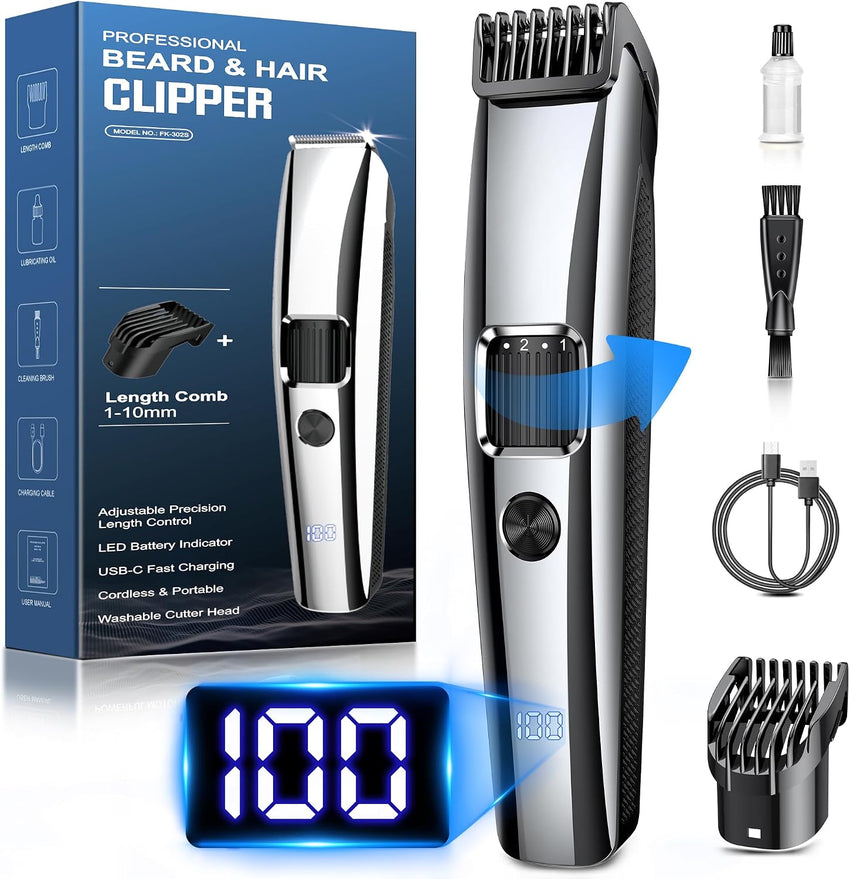 Beard Trimmer 1-10mm Zoom Wheel Cordless USB Rechargeable with Battery Indicator Silver