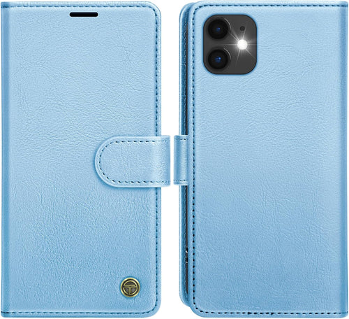 AIMOYU for iPhone 11 Case, Flip Wallet Leather Phone Case with [4 Card Slots] [Kickstand] [RFID Blocking] Magnetic Protective Shockproof Cover for iPhone 11 Phone Case - Sky Blue