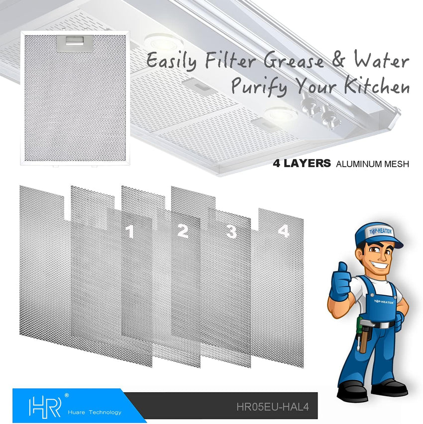 Cooker Hood Filter Replacement 300X240mm, 4-Layer Aluminum Mesh Hood Vent Filter, HR Huare Technology Aluminum Range Hood Grease Filters,2Pack