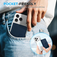 SHIELDON Magnetic Card Holder, Genuine Leather, RFID Blocking, 6 Card Slots, ID Window, Slim Pocket Wallet Compatible with iPhone 16/15/14/13/12 & Magnetic Cases - Navy Blue