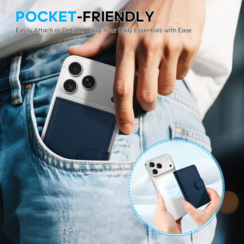 SHIELDON Magnetic Card Holder, Genuine Leather, RFID Blocking, 6 Card Slots, ID Window, Slim Pocket Wallet Compatible with iPhone 16/15/14/13/12 & Magnetic Cases - Navy Blue