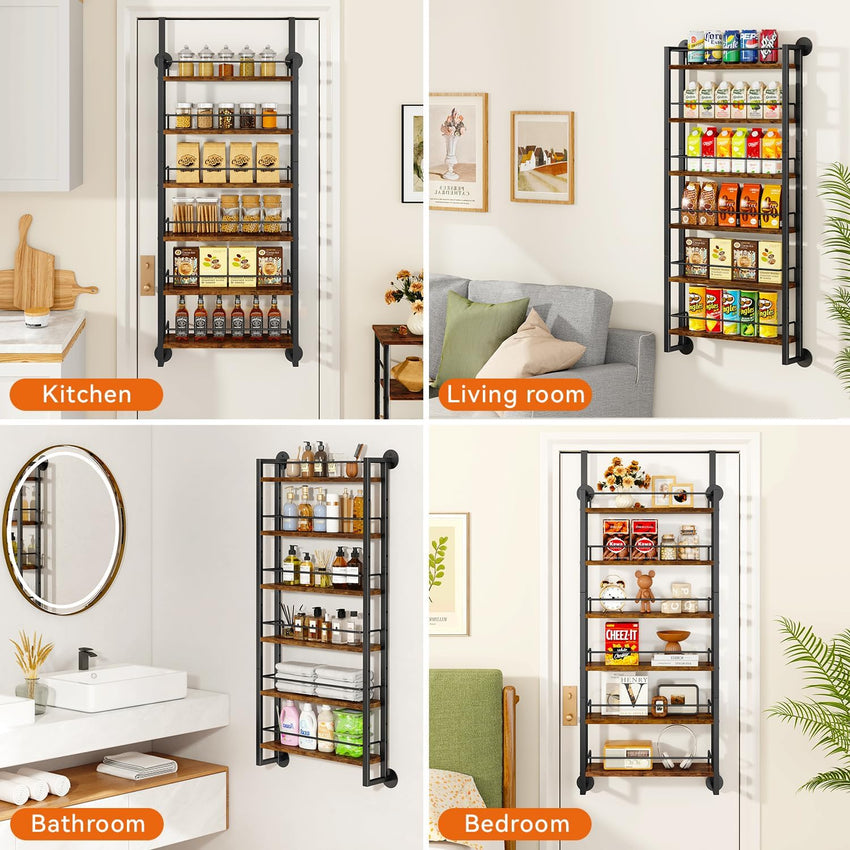 6-Tier Wall-Mounted Spice Rack Door Organizer with Shelves Brown