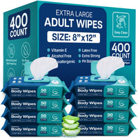 Wet Body Wipes for Adults No Rinse Aloe Vera Vitamin E 8" x 12" (400 count)