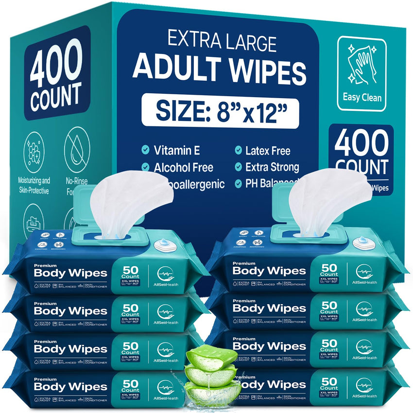 Wet Body Wipes for Adults No Rinse Aloe Vera Vitamin E 8" x 12" (400 count)