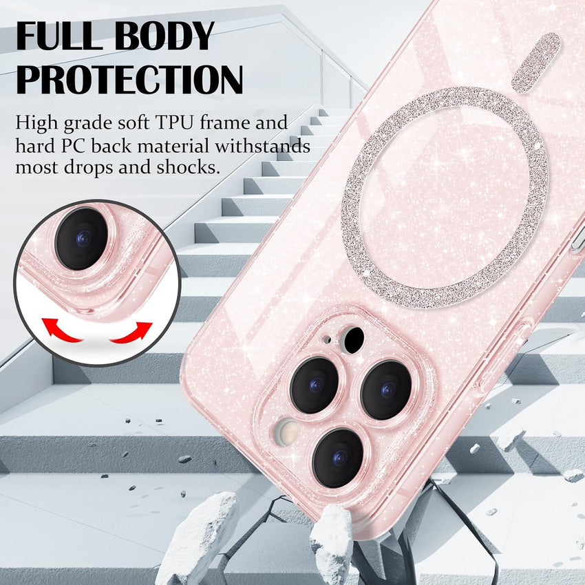 Newseego Magnetic Phone Case for iPhone 16 Pro [Compatible with Magsafe], Clear Shiny Glitter Girls Women Screen Camera Shockproof Protection Bumper Dustproof Cover for iPhone 16 Pro-Pink