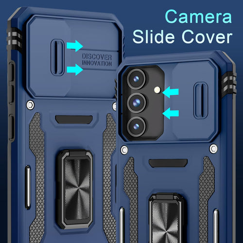 DEERLAMN Case for Samsung Galaxy S24 FE 6.7-Inch with Slide Camera Cover+Screen Protector(1 Pack), Rotated Ring Kickstand Military Grade Shockproof Protective Cover-Navy Blue