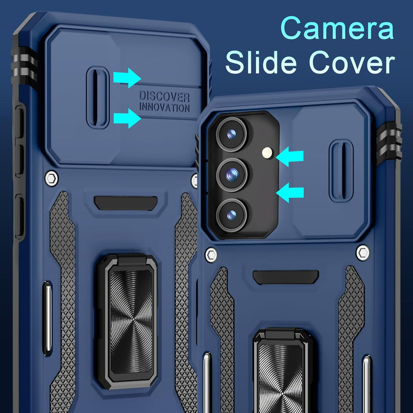 DEERLAMN Case for Samsung Galaxy S24 FE 6.7-Inch with Slide Camera Cover+Screen Protector(1 Pack), Rotated Ring Kickstand Military Grade Shockproof Protective Cover-Navy Blue