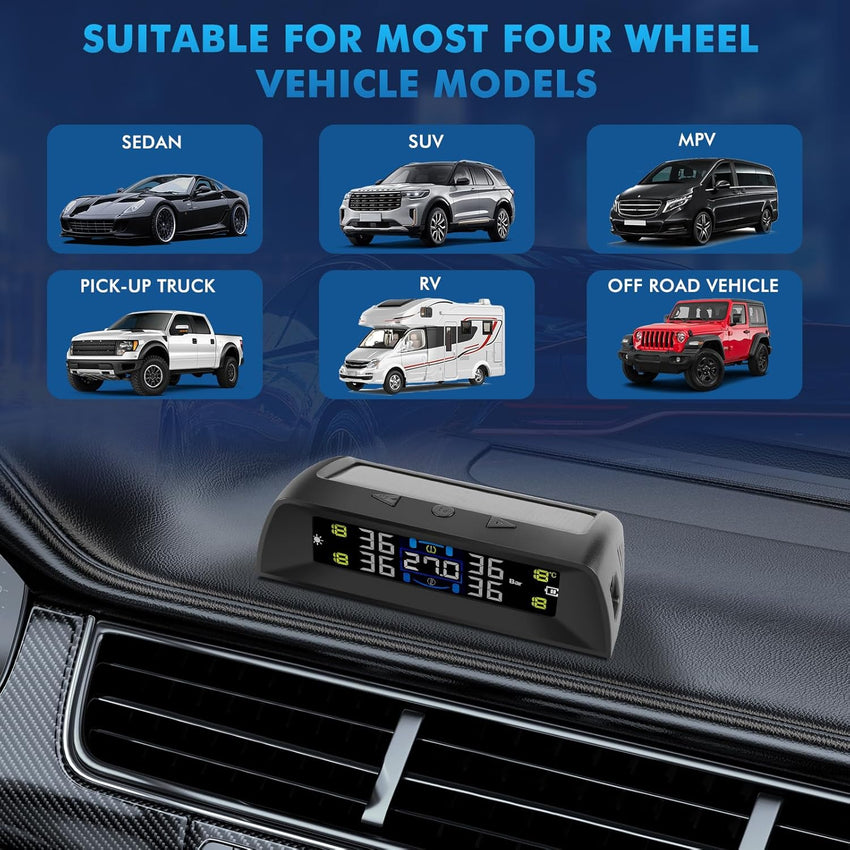 KAOLALI TPMS Tire Pressure Monitoring System with Solar & USB Charger â 4 Sensors
