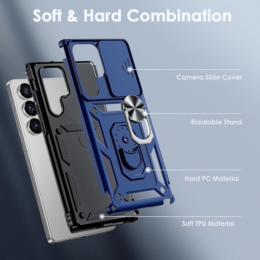 for Samsung Galaxy S25 Ultra Case with 2 Pack Screen Protector, Slide Camera Cover & Kickstand, Heavy Duty Shockproof Rugged Protective Phone Cover Case for Samsung Galaxy S25 Ultra, Blue