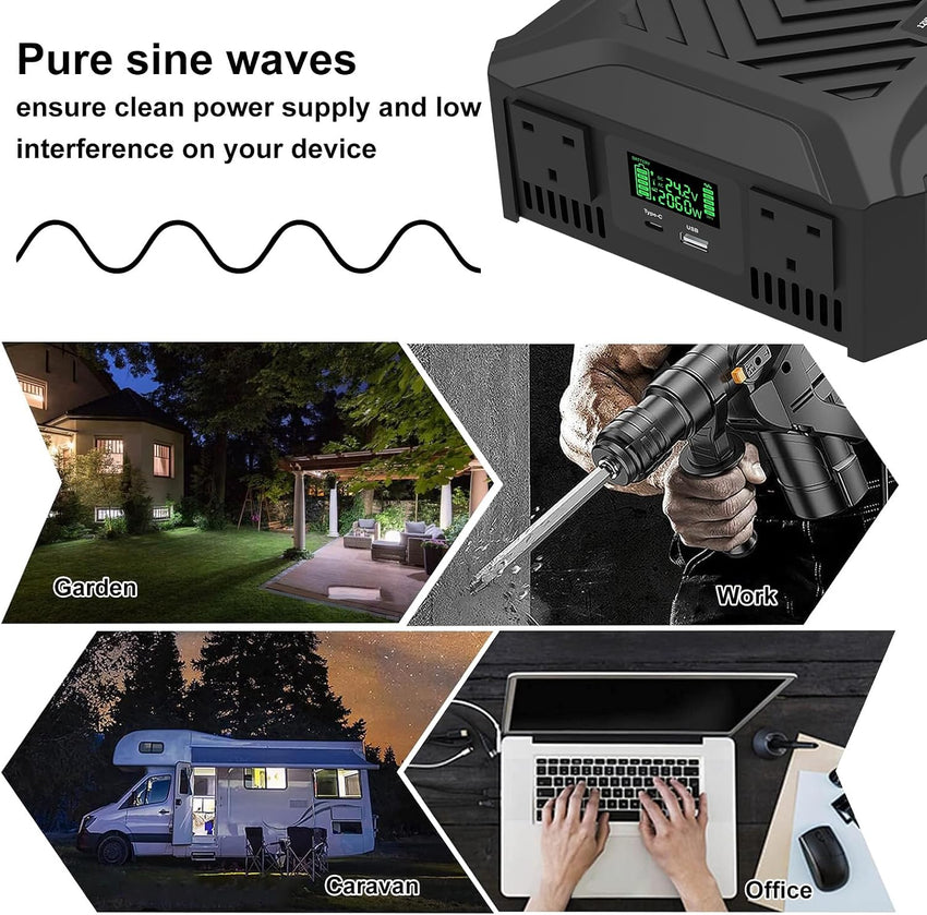 Pure Sine Wave Inverter 12/24V to 240V 1200W/2300W Rated Peak 2000W/4000W 2 UK Sockets USB LCD â 12/24V