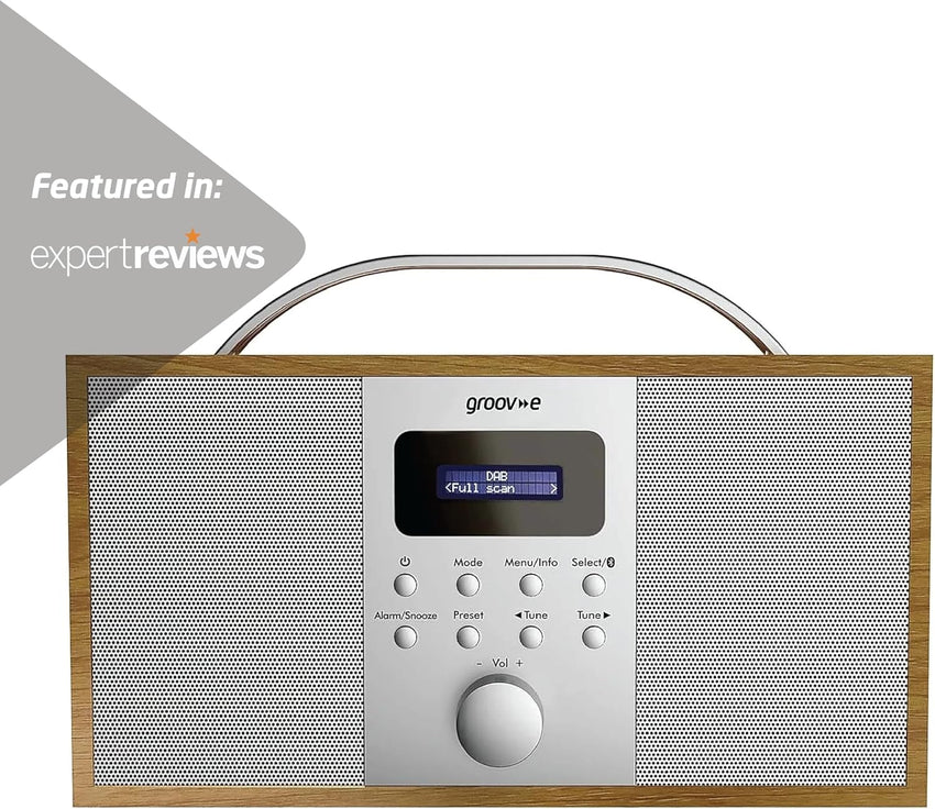 Groov-e Boston Wooden DAB & FM Digital Radio - Built-In Alarm Clock, Dynamic Range Control & Bluetooth Connectivity - LCD Display - Mains or Battery Operated - Portable Radio - 40 Preset Stations