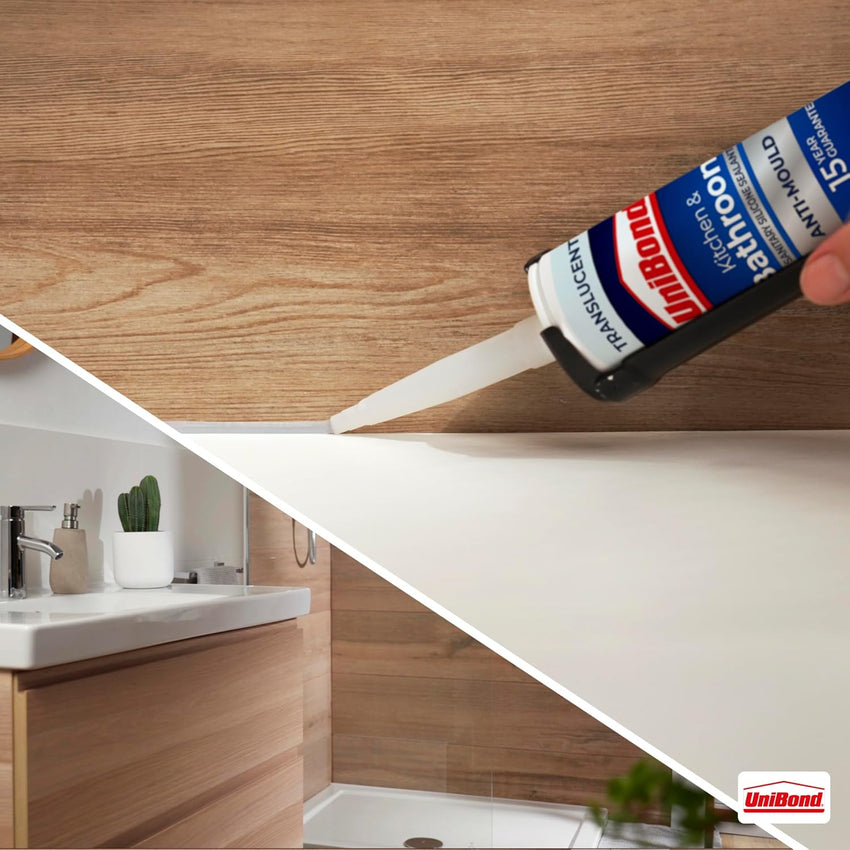 Unibond Bath & Kitchen Mould-Resistant, Transparent Silicone Sealant, Silicone-Based Sanitary Sealant, Waterproof Caulk, 1 x 280ml Cartridge no ends