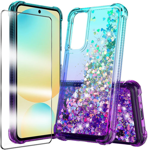 XRCS Compatible with for Samsung Galaxy A36 5G Case with Tempered Glass Screen Protector Glitter Bling Flowing Liquid Floating TPU Bumper Cushion Corners Protection Case - Purple