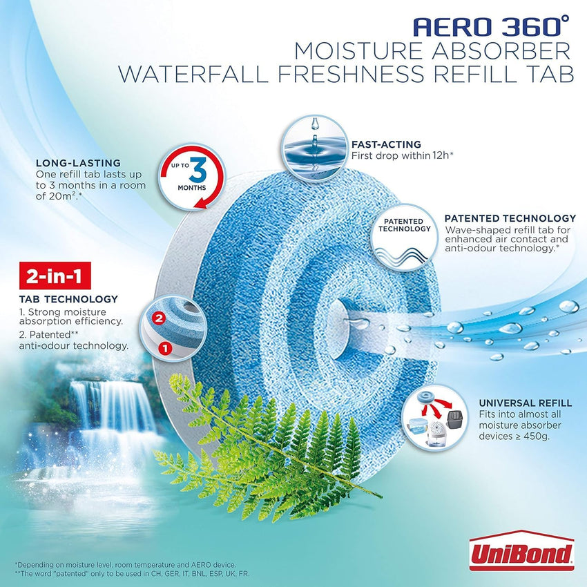 UniBond AERO 360Â° Moisture Absorber Waterfall Freshness Refill Tab, Aromatherapy, Ultra-Absorbent and Odour-Neutralising, for AERO 360Â° Dehumidifier, Condensation Absorbers, Four Pack (4 x 450g)