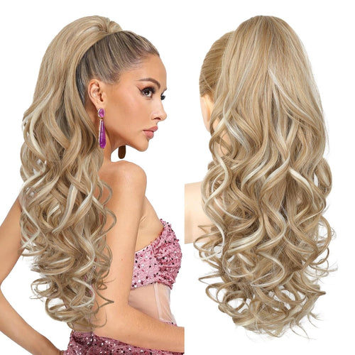 REECHO 24" Claw Clip Ponytail Extension Long Curly Hairpiece â Honey Blonde Highlights